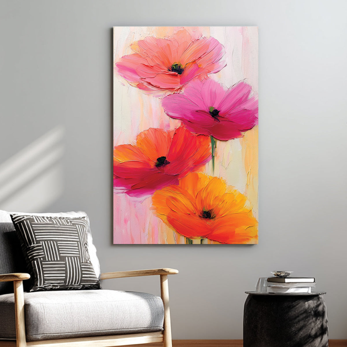 vibrant floral wall art with bold pink and orange oil-painted flowers