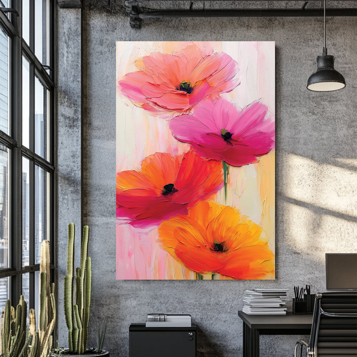 vibrant floral wall art with bold pink and orange oil-painted flowers