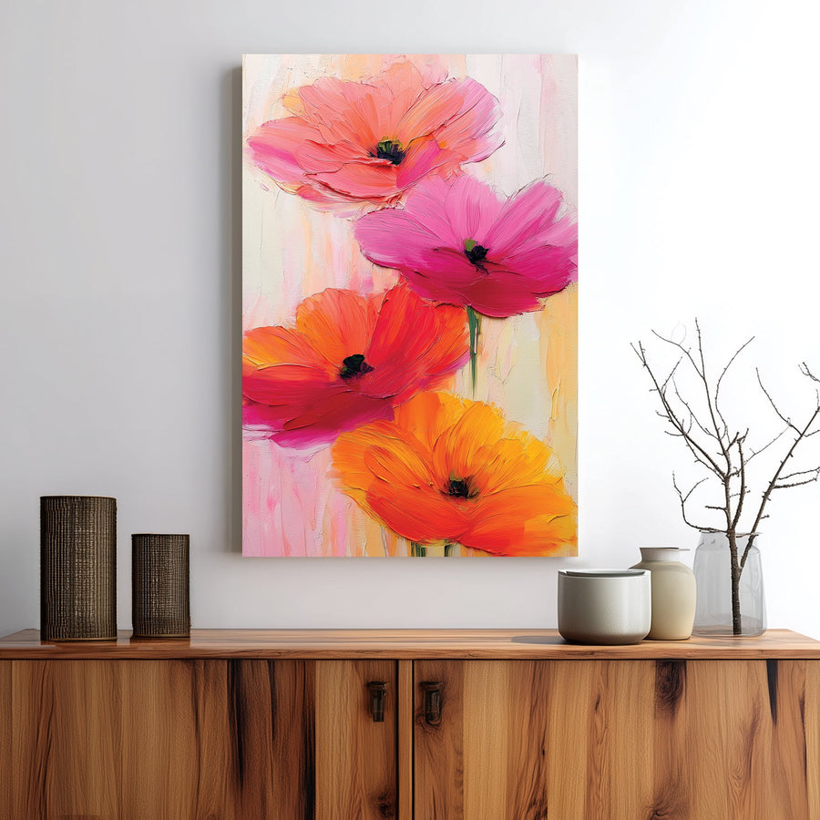 vibrant floral wall art with bold pink and orange oil-painted flowers