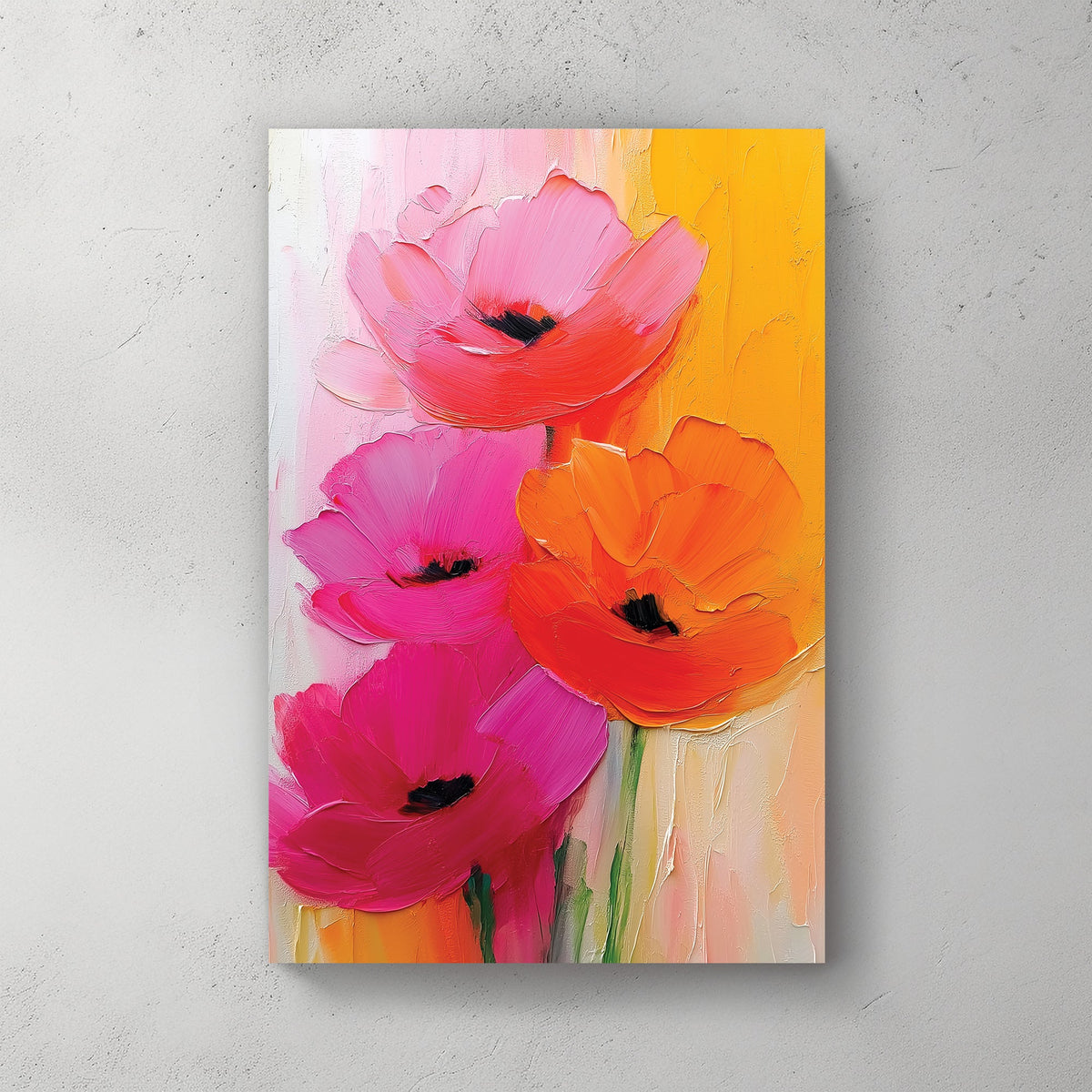 textured floral wall art with bright pink, orange, and red oil-painted flowers
