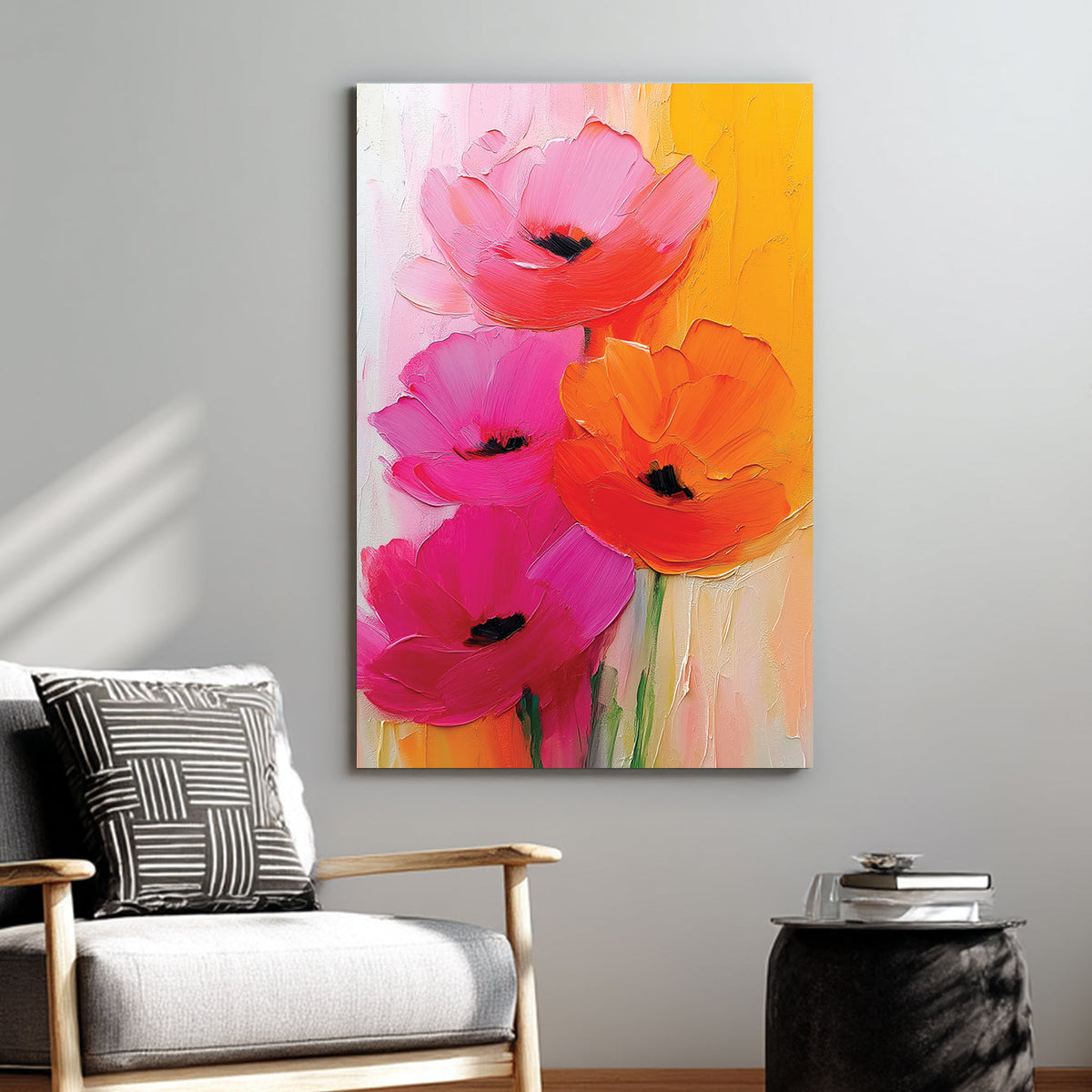 textured floral wall art with bright pink, orange, and red oil-painted flowers