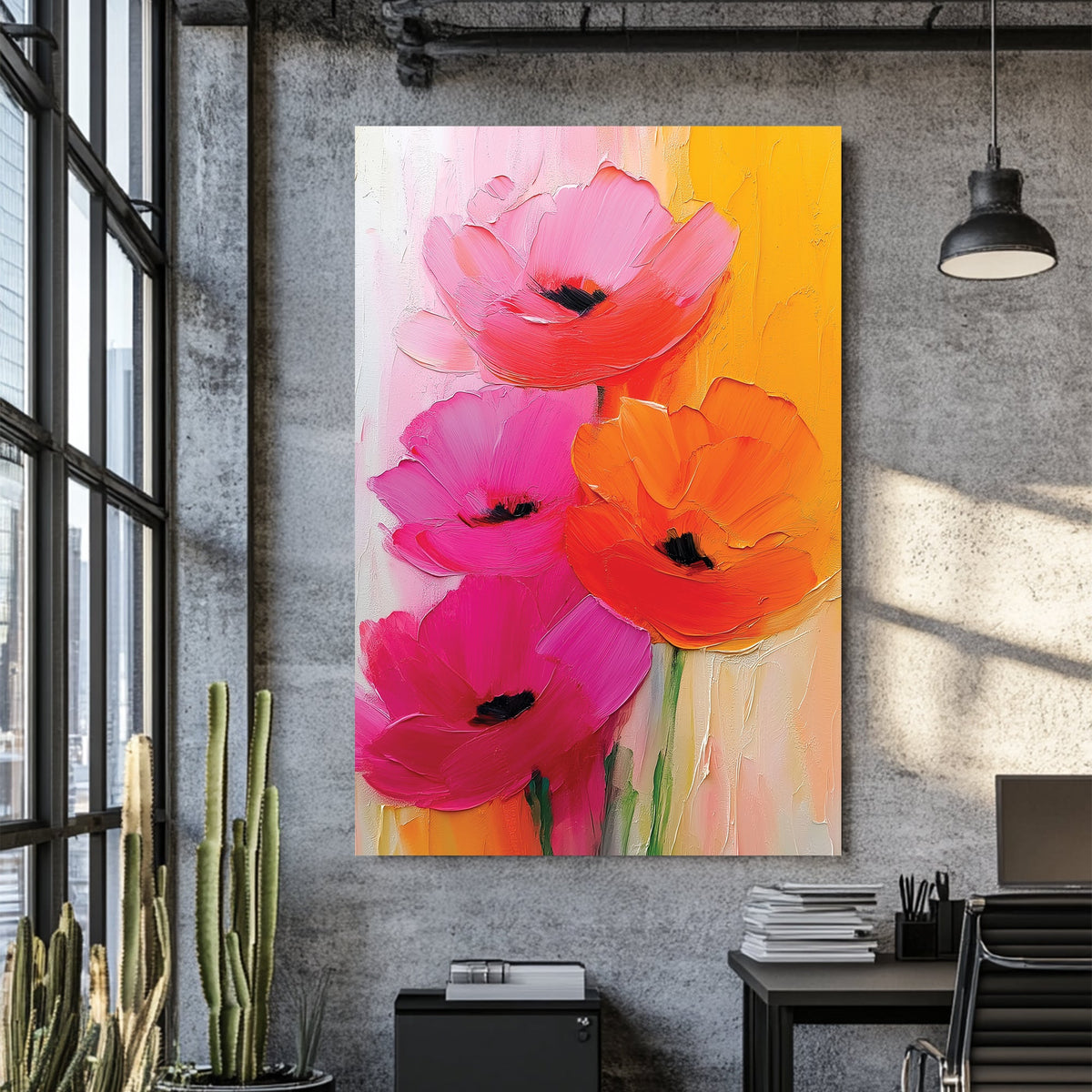 textured floral wall art with bright pink, orange, and red oil-painted flowers