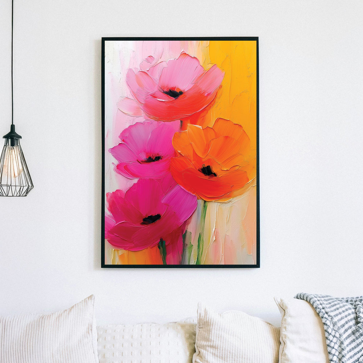 textured floral wall art with bright pink, orange, and red oil-painted flowers