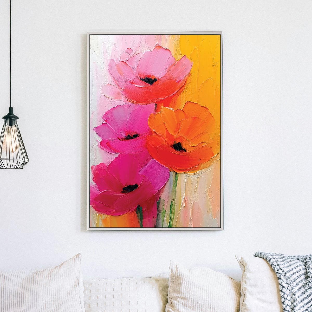 textured floral wall art with bright pink, orange, and red oil-painted flowers