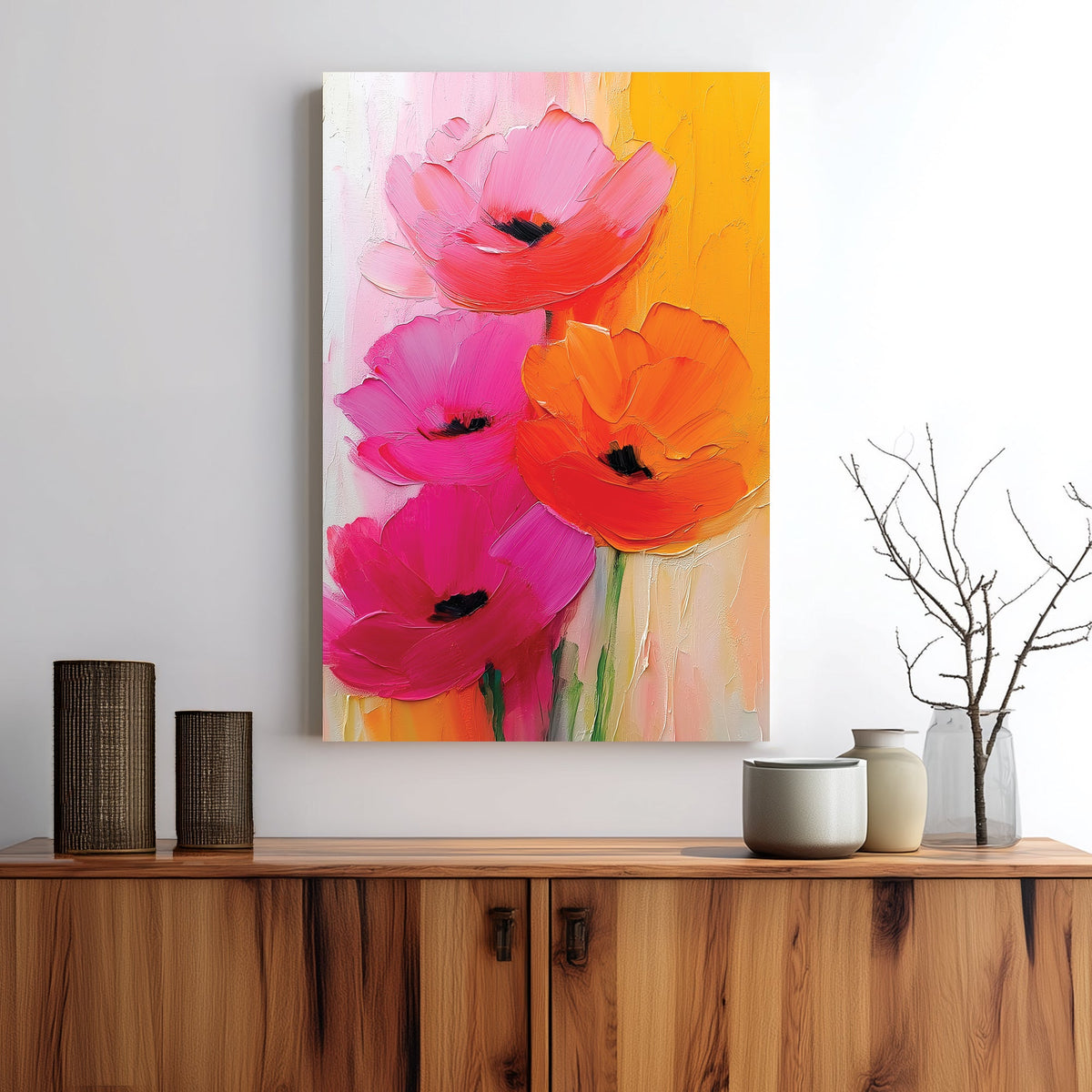 textured floral wall art with bright pink, orange, and red oil-painted flowers