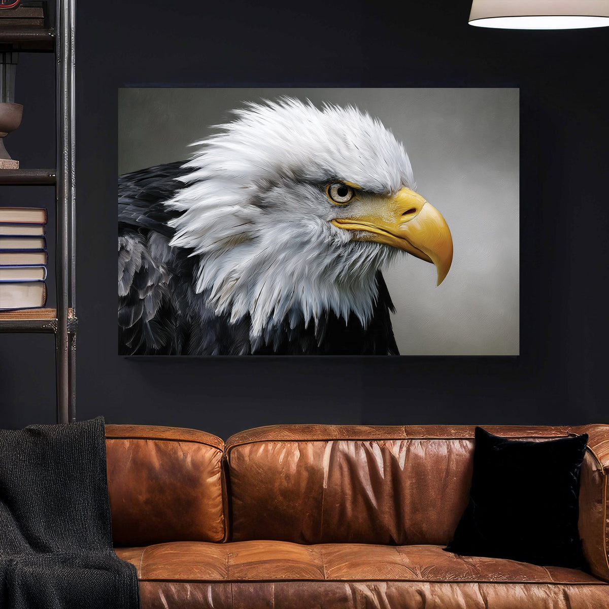 hyper-realistic bald eagle wall art with intense expression and detailed feathers