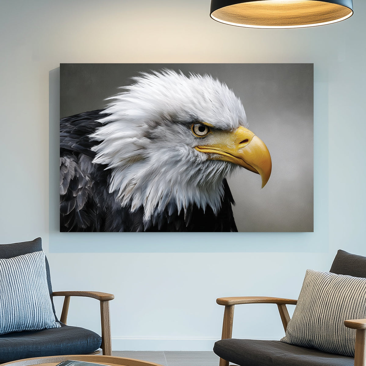 hyper-realistic bald eagle wall art with intense expression and detailed feathers
