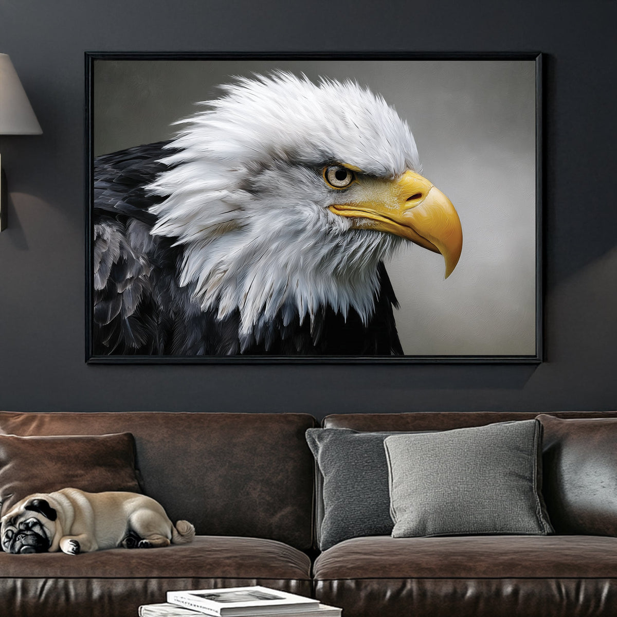hyper-realistic bald eagle wall art with intense expression and detailed feathers