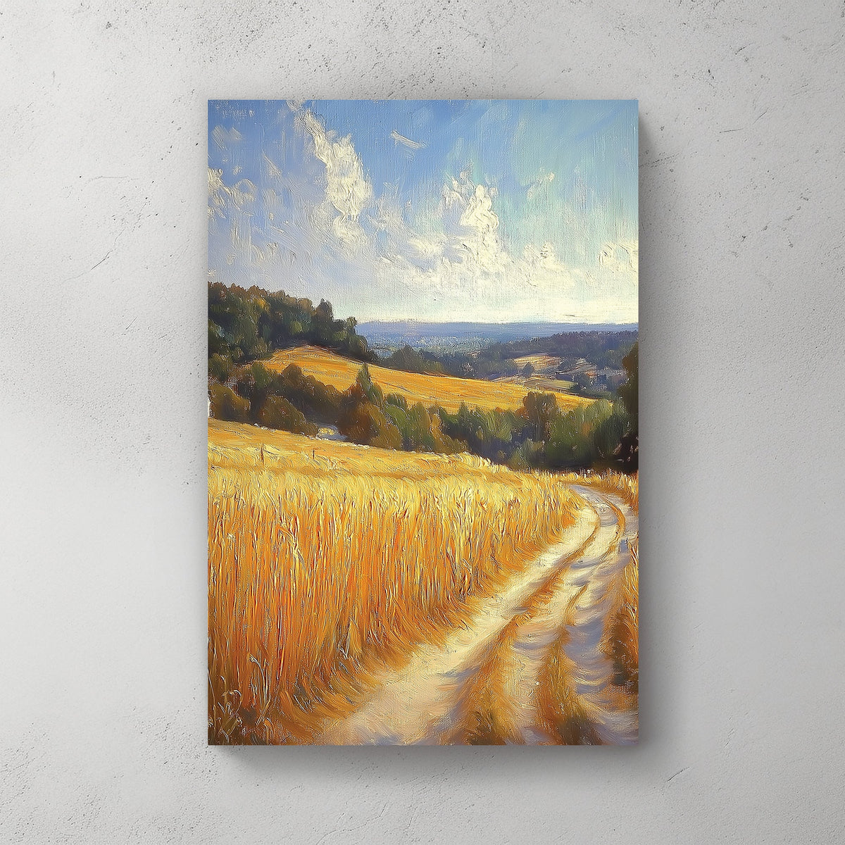 serene countryside landscape wall art with golden wheat fields and winding path