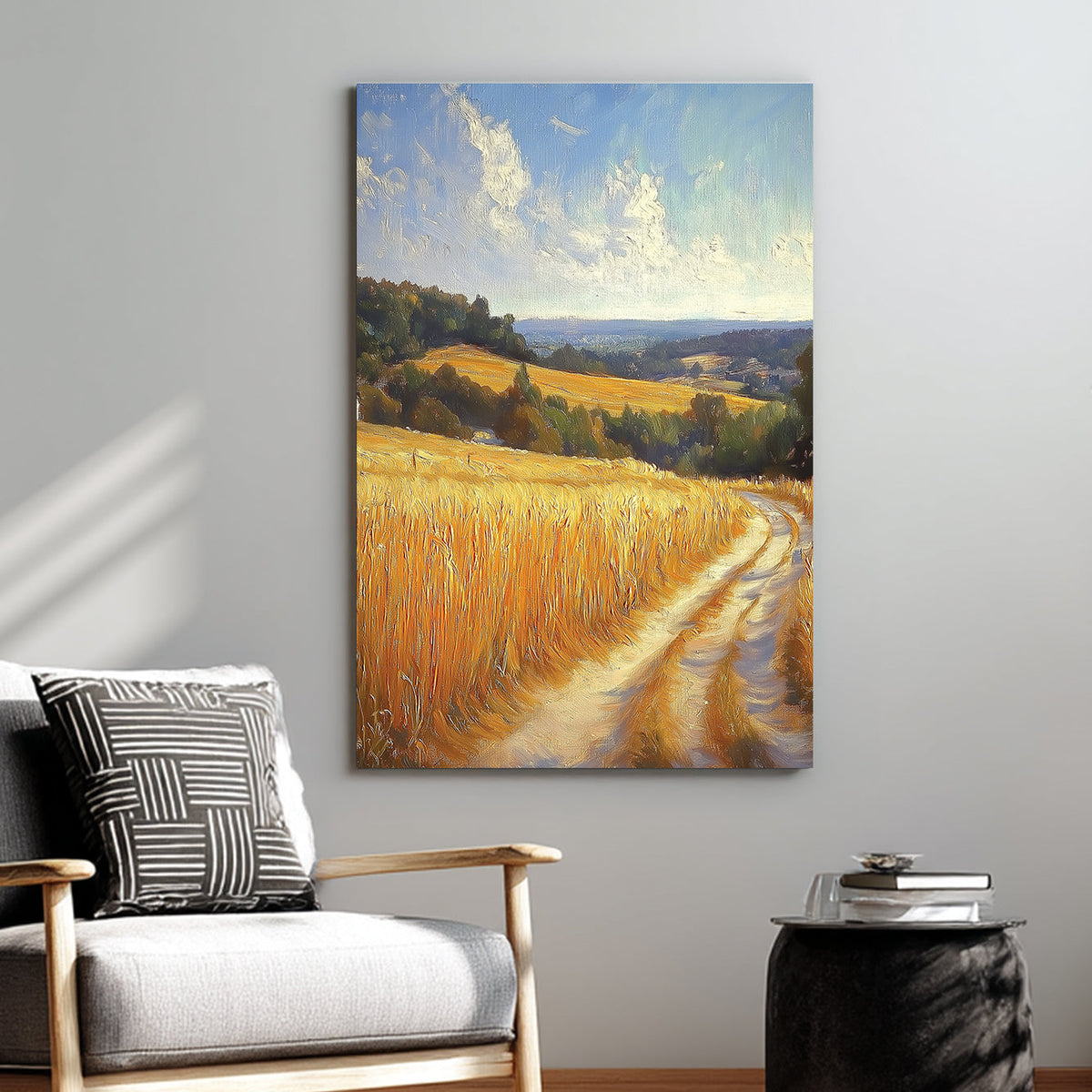 serene countryside landscape wall art with golden wheat fields and winding path