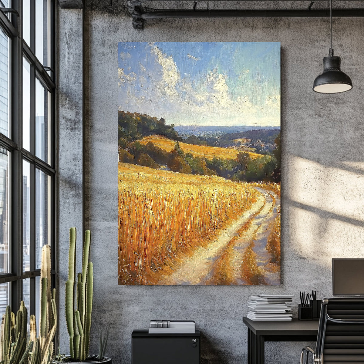 serene countryside landscape wall art with golden wheat fields and winding path