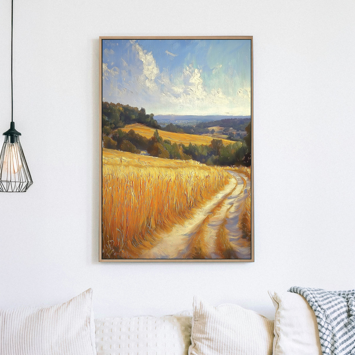 serene countryside landscape wall art with golden wheat fields and winding path