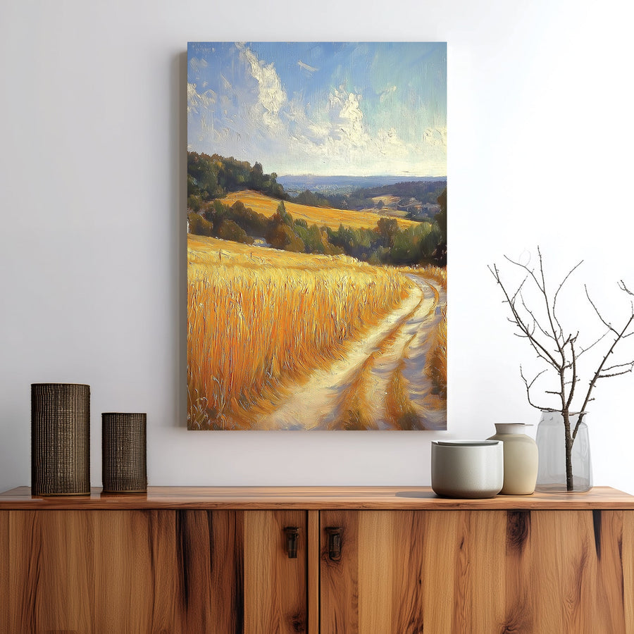 serene countryside landscape wall art with golden wheat fields and winding path