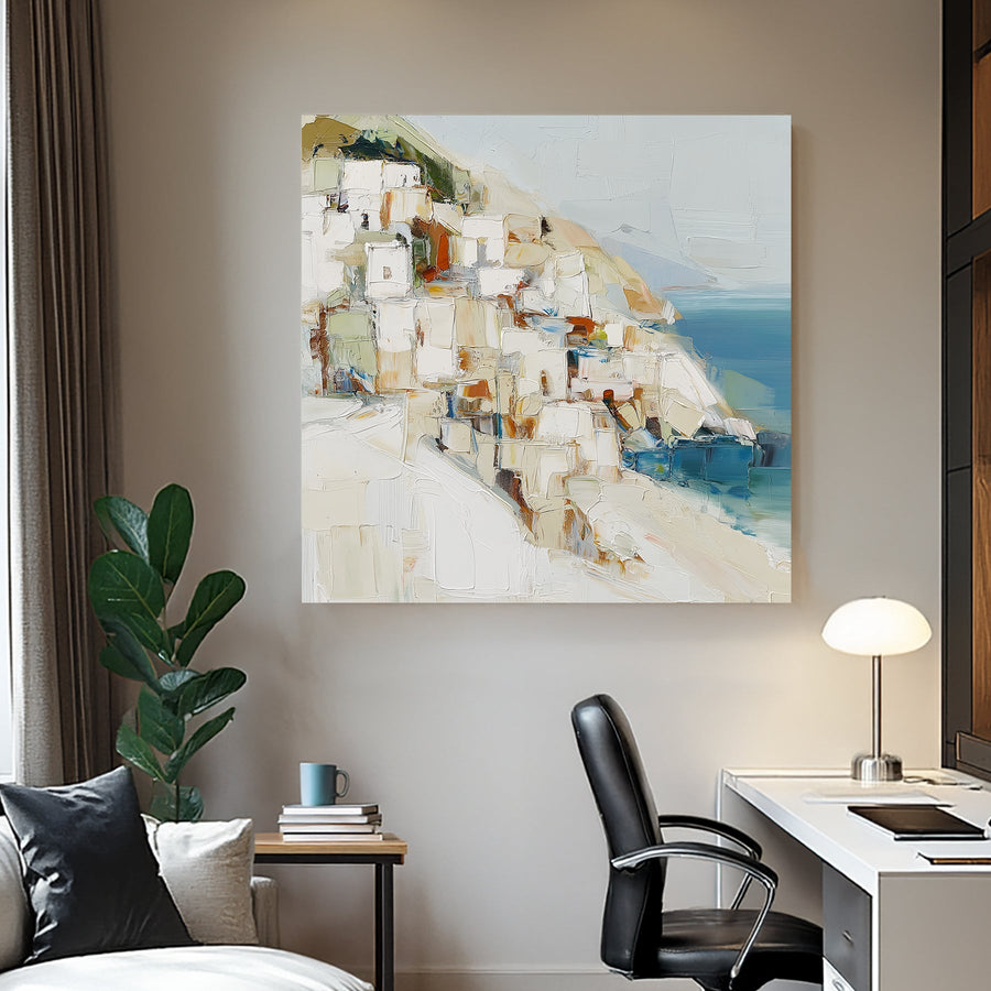 abstract wall art of Mediterranean cliffside village by the sea