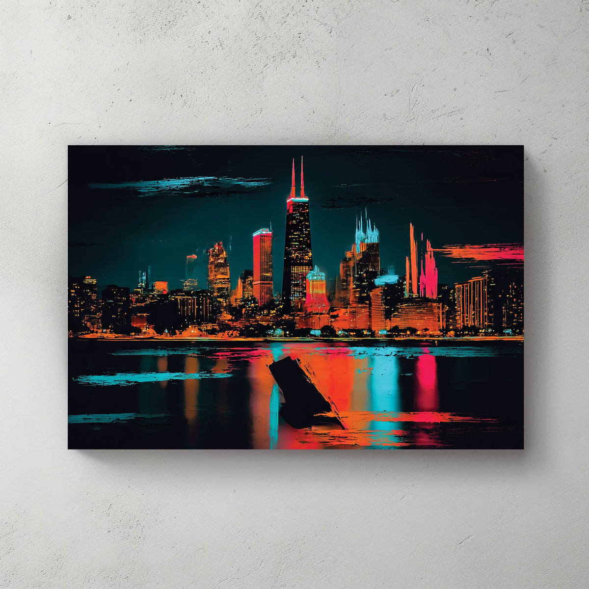 neon abstract artwork of Chicago skyline with Willis Tower at night
