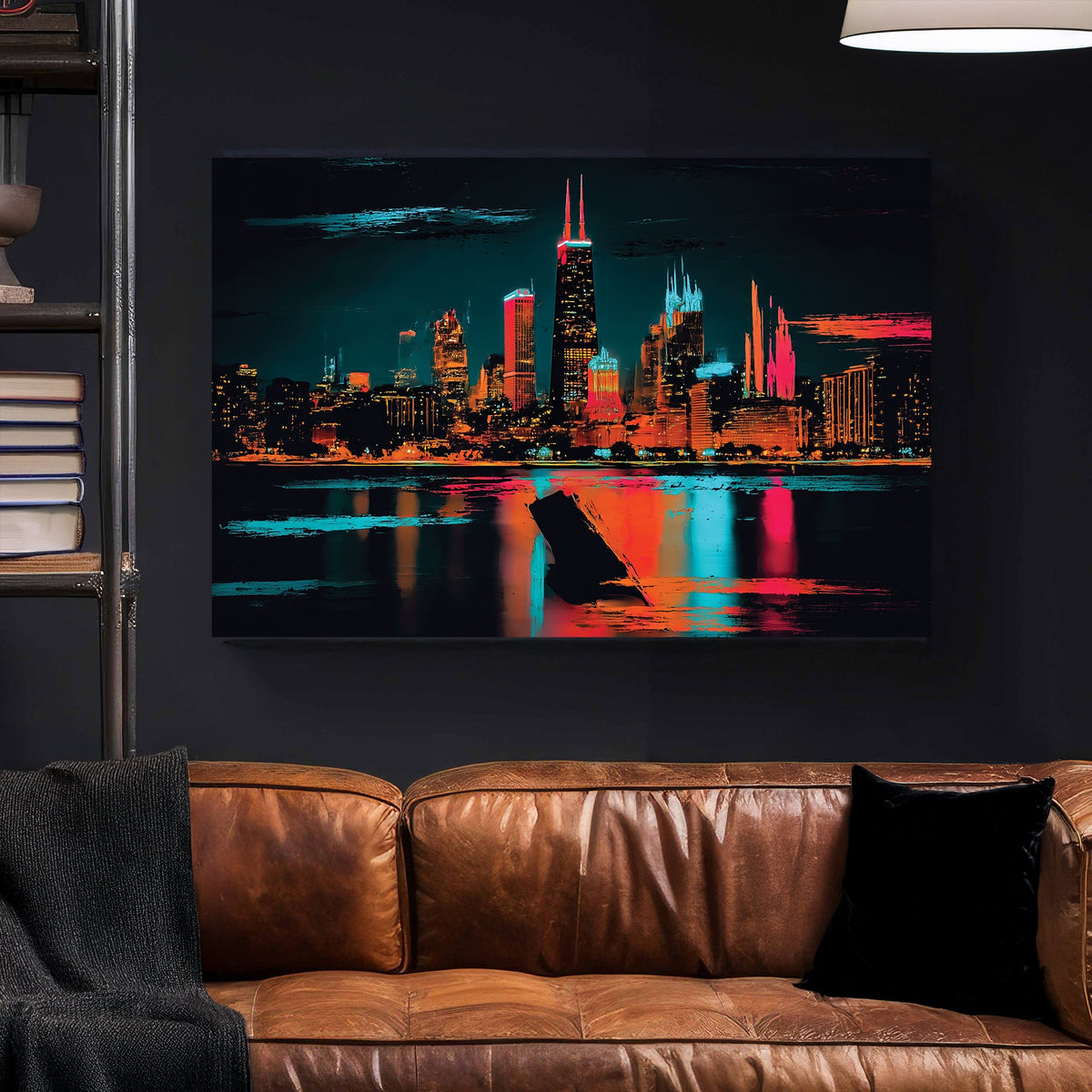 neon abstract artwork of Chicago skyline with Willis Tower at night