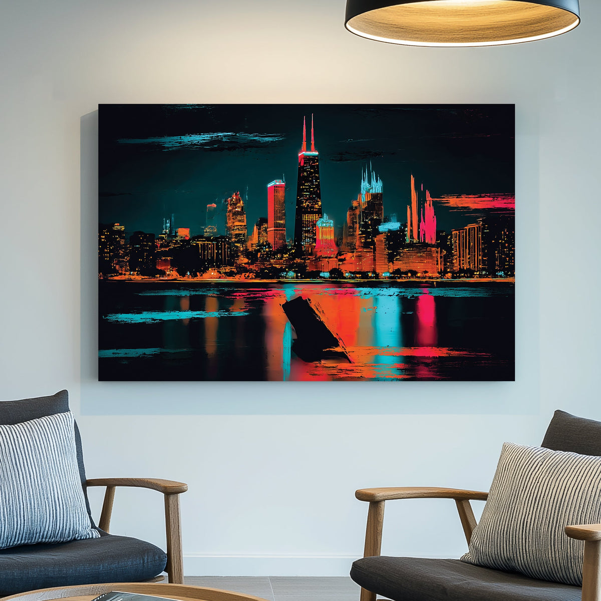 neon abstract artwork of Chicago skyline with Willis Tower at night