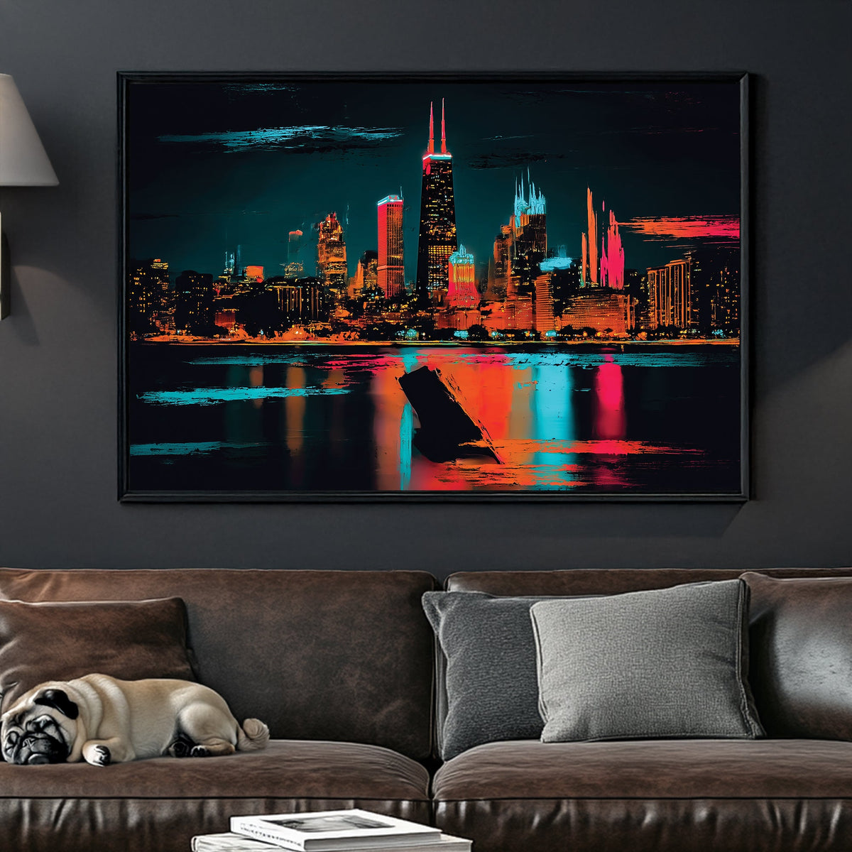 neon abstract artwork of Chicago skyline with Willis Tower at night