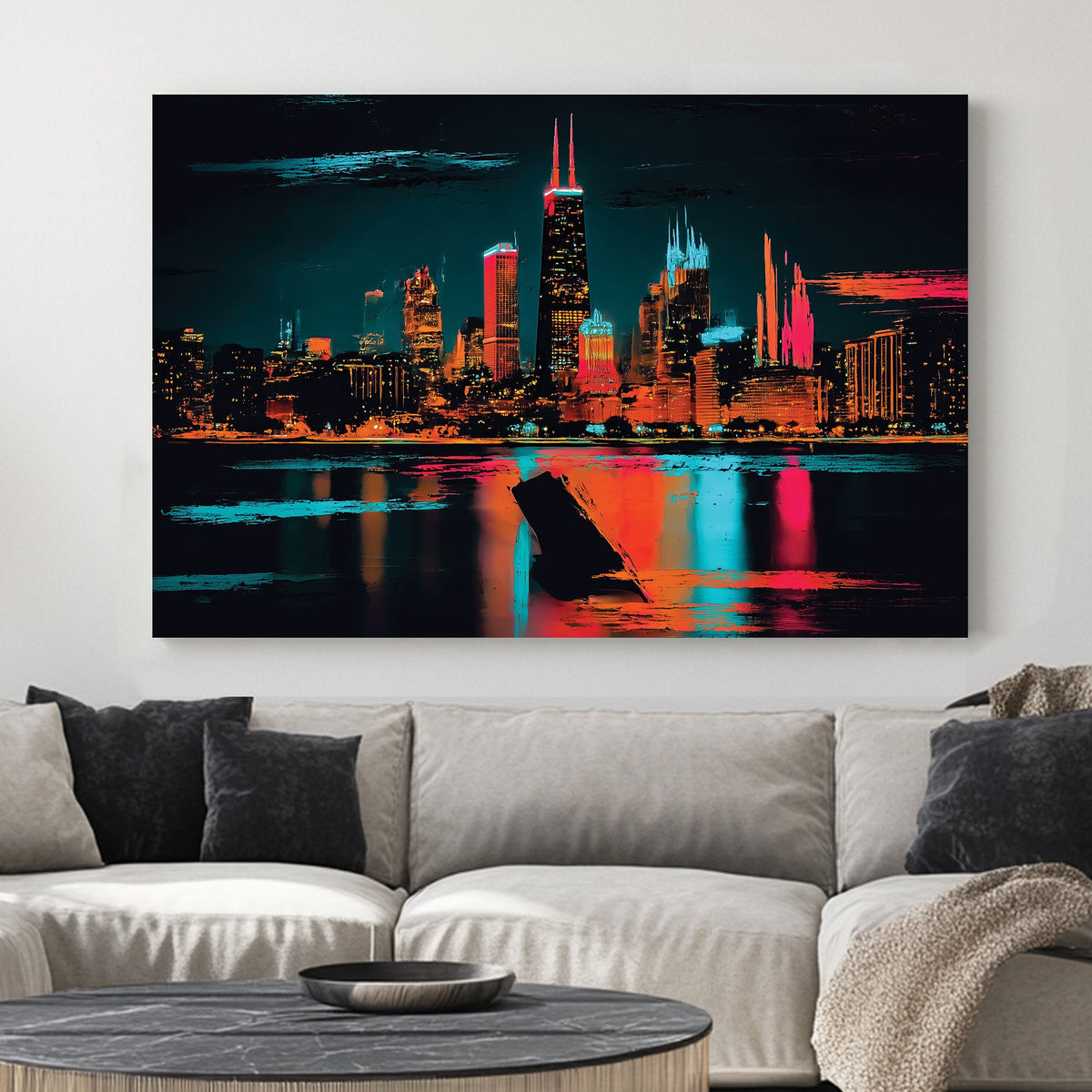 neon abstract artwork of Chicago skyline with Willis Tower at night