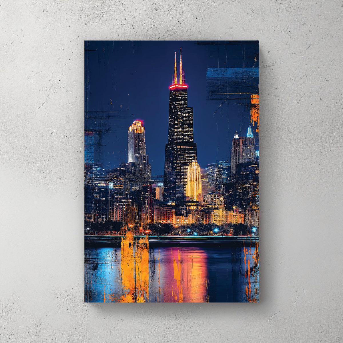 Chicago cityscape wall art featuring Willis Tower at night with neon reflections