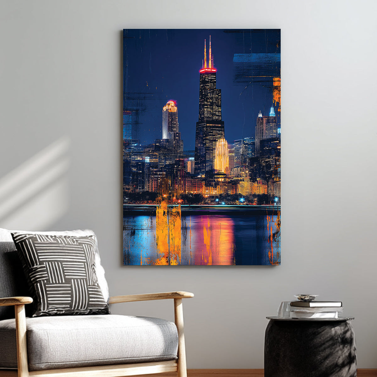 Chicago cityscape wall art featuring Willis Tower at night with neon reflections