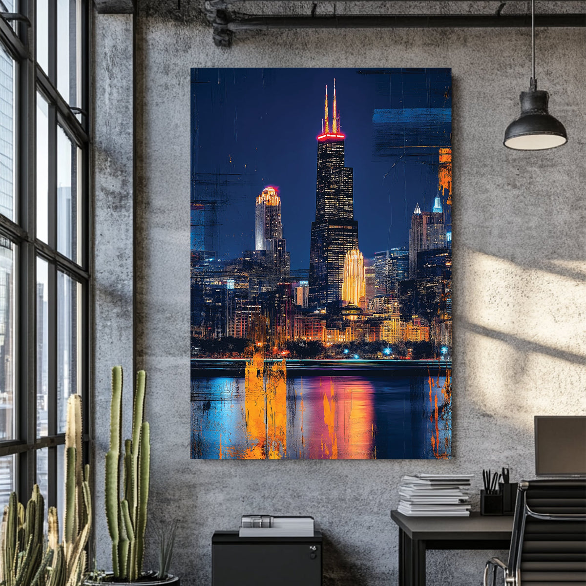 Chicago cityscape wall art featuring Willis Tower at night with neon reflections