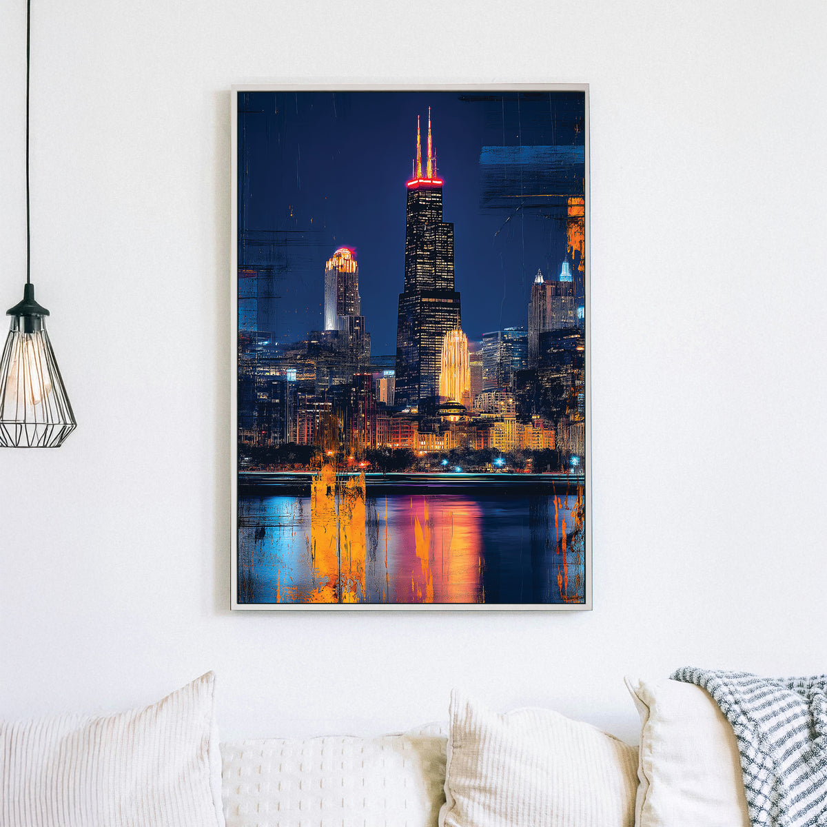 Chicago cityscape wall art featuring Willis Tower at night with neon reflections