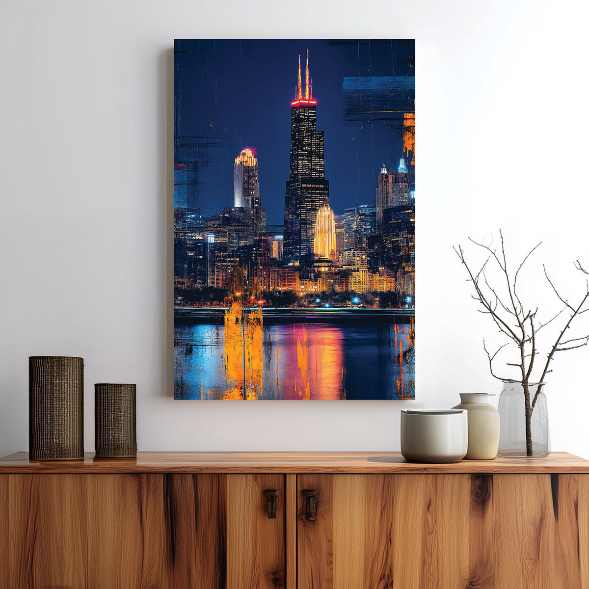 Chicago cityscape wall art featuring Willis Tower at night with neon reflections