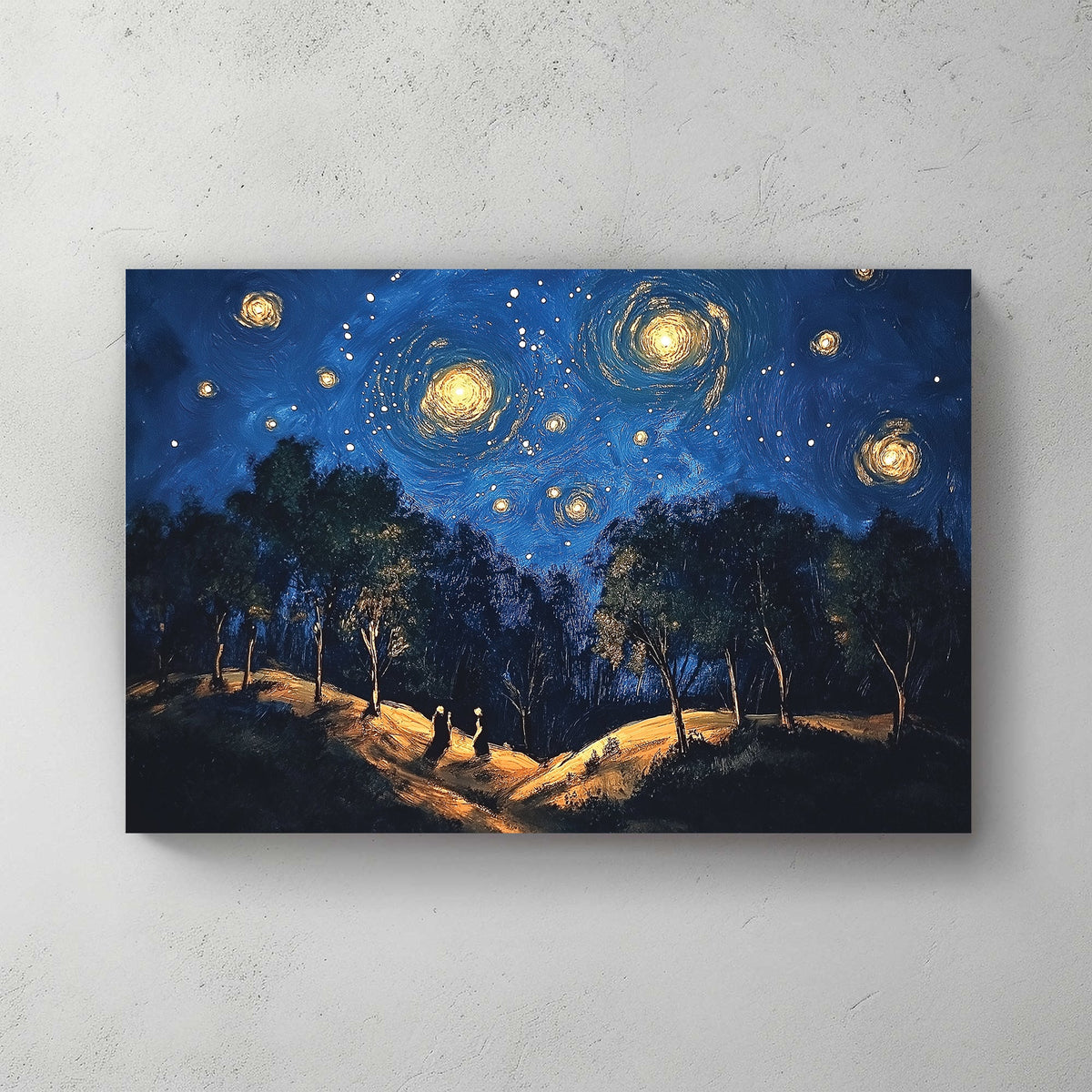 Starry night forest walk wall art with glowing skies and trees