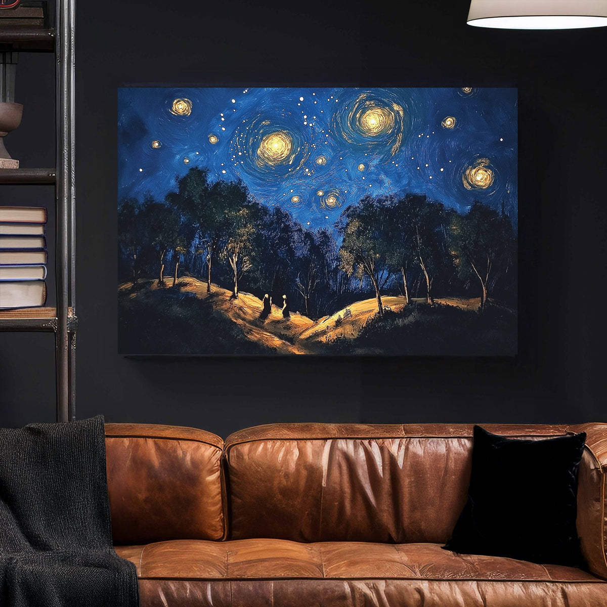 Starry night forest walk wall art with glowing skies and trees
