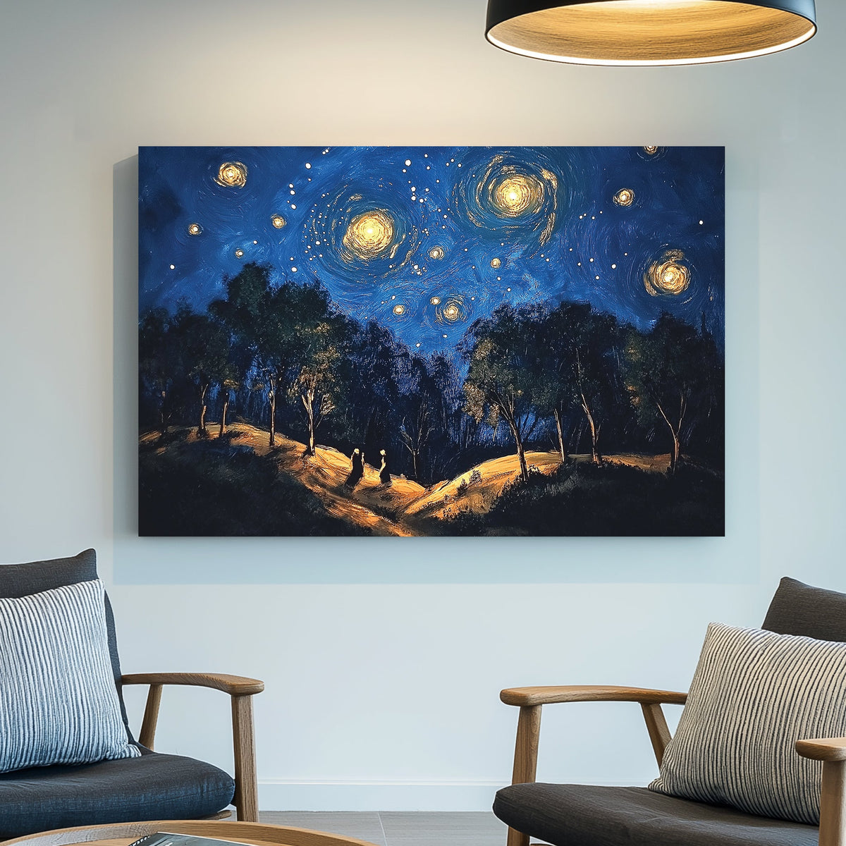 Starry night forest walk wall art with glowing skies and trees