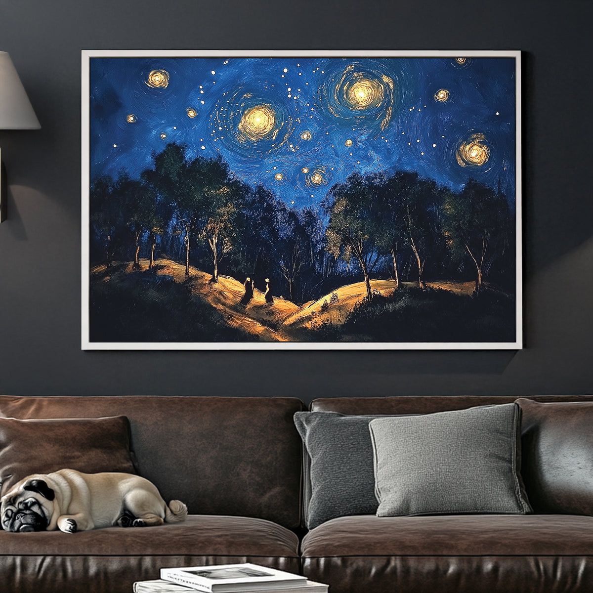 Starry night forest walk wall art with glowing skies and trees