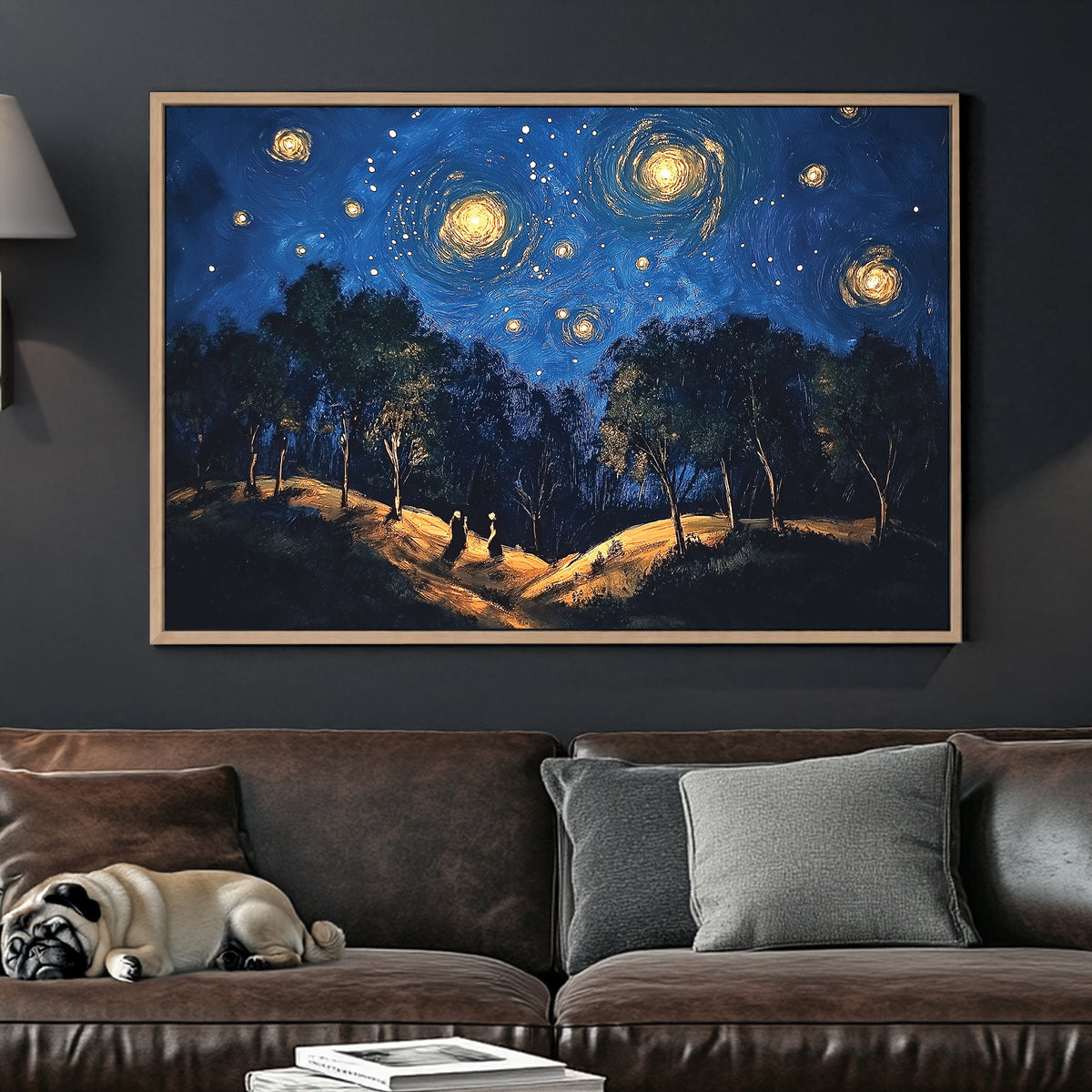 Starry night forest walk wall art with glowing skies and trees