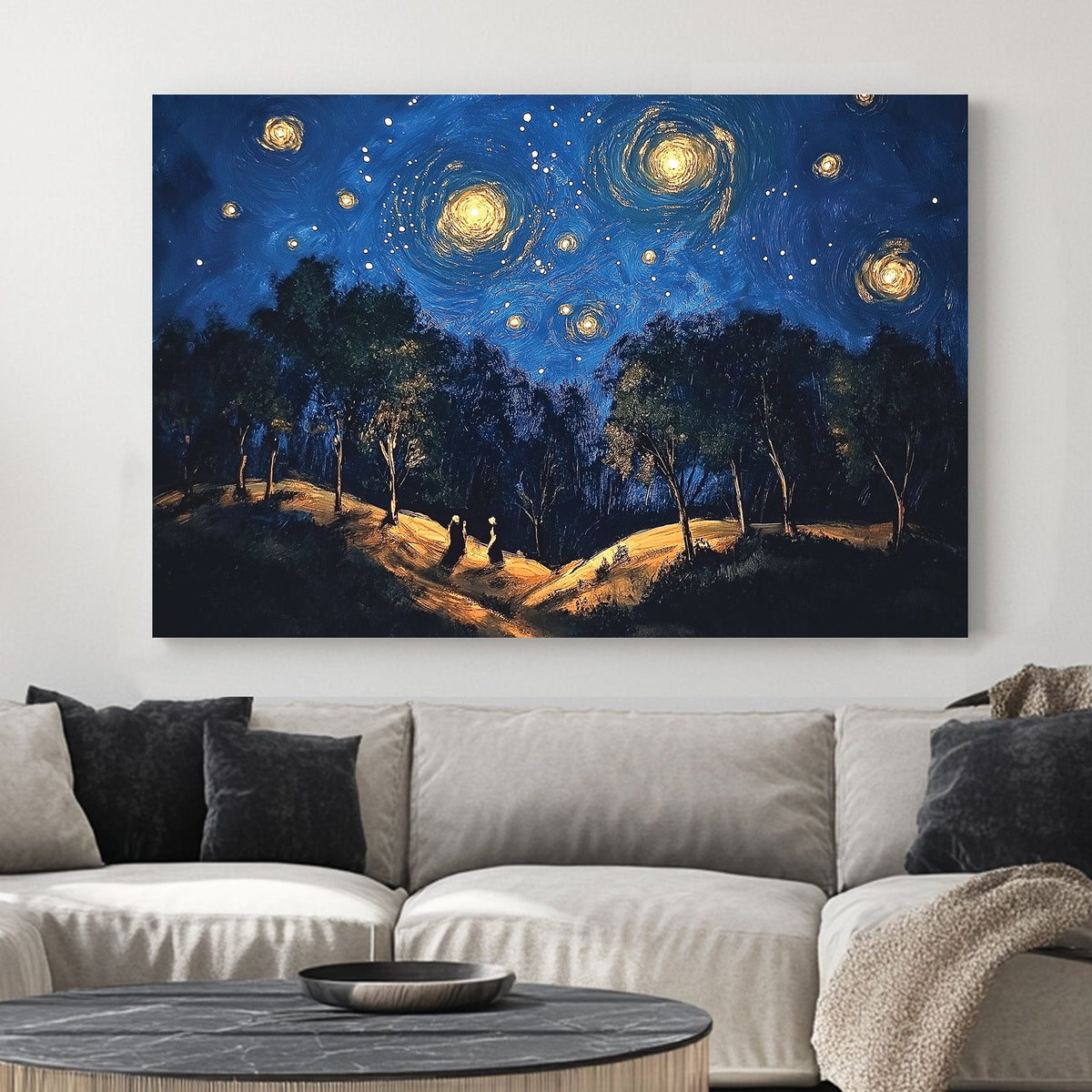 Starry night forest walk wall art with glowing skies and trees