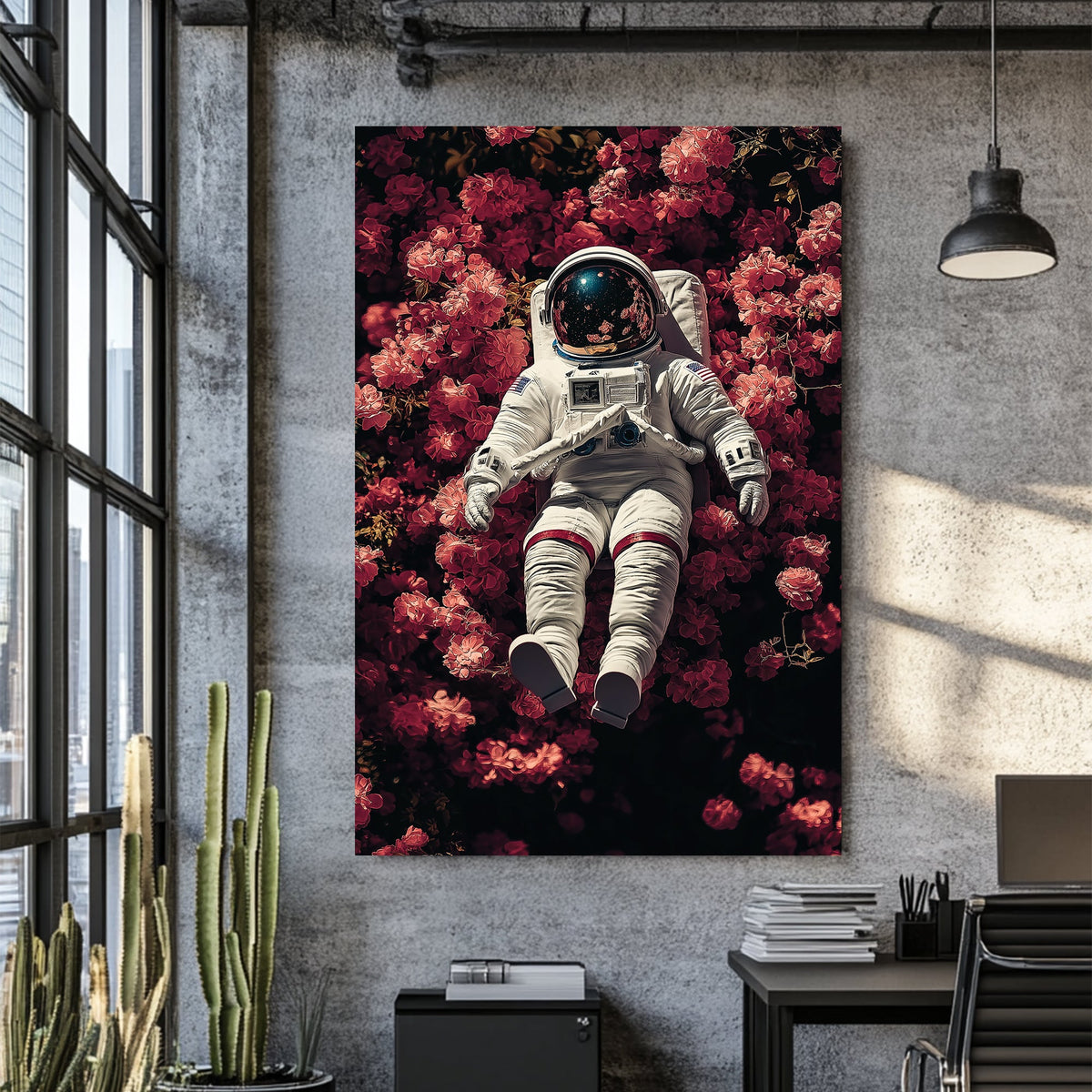wall art of astronaut resting in a field of pink flowers with galaxy reflection in helmet