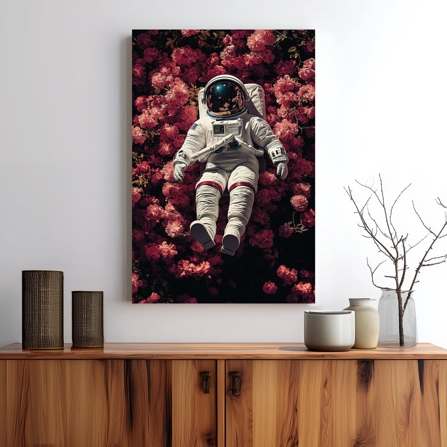 wall art of astronaut resting in a field of pink flowers with galaxy reflection in helmet