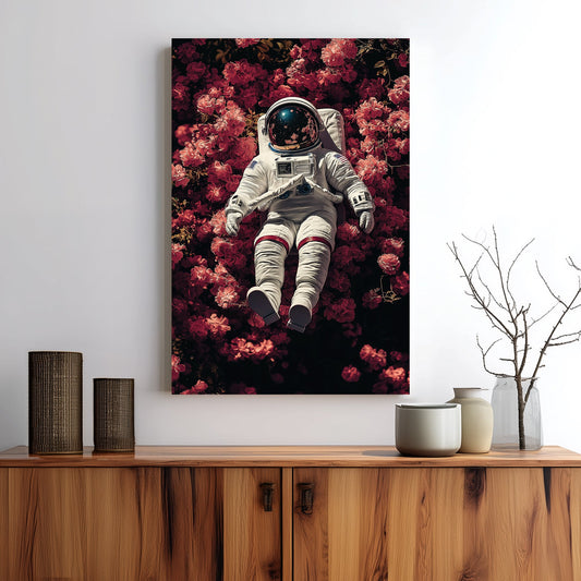 wall art of astronaut resting in a field of pink flowers with galaxy reflection in helmet