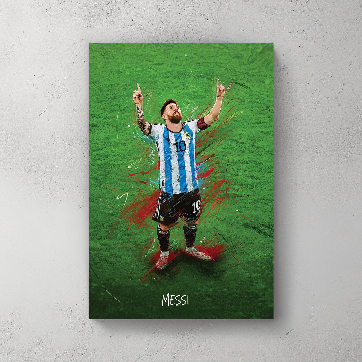 wall art of Lionel Messi celebrating on green field in Argentina jersey