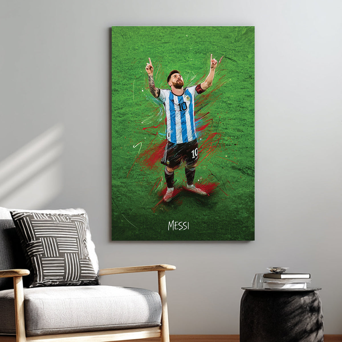 wall art of Lionel Messi celebrating on green field in Argentina jersey