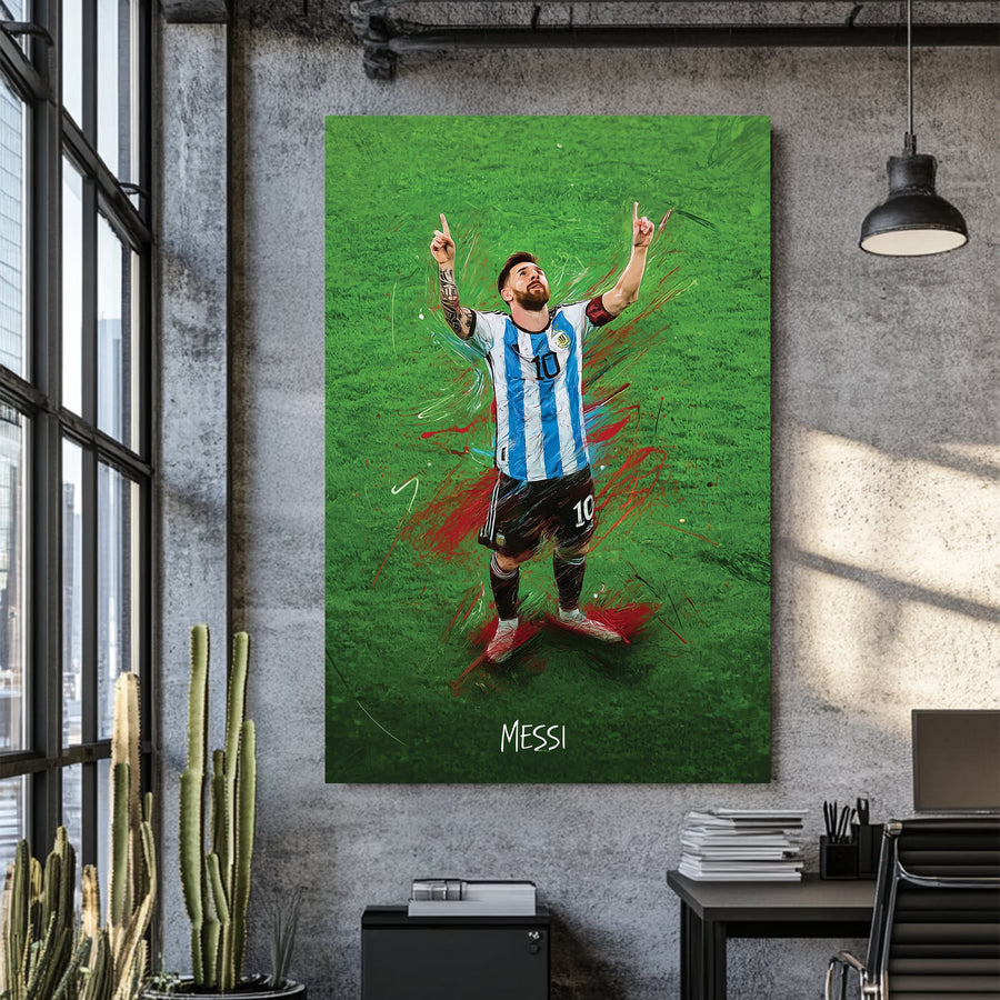 wall art of Lionel Messi celebrating on green field in Argentina jersey