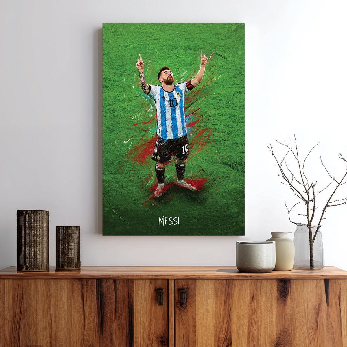wall art of Lionel Messi celebrating on green field in Argentina jersey