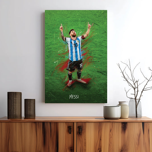 wall art of Lionel Messi celebrating on green field in Argentina jersey