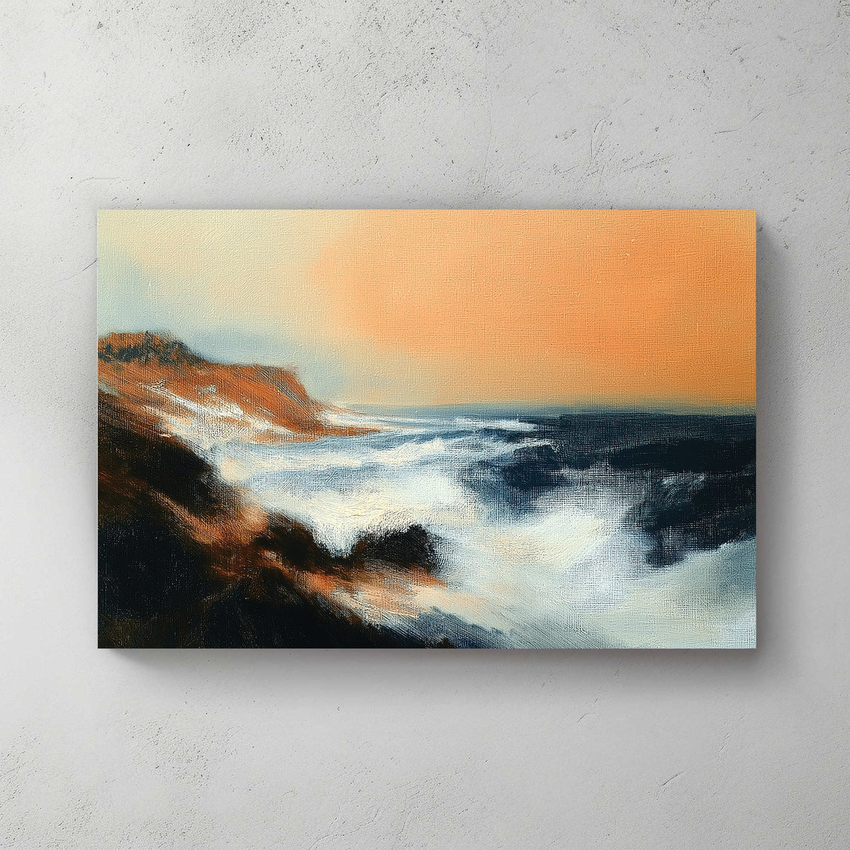 wall art of dramatic ocean waves crashing into rocky cliffs beneath a peach-orange sky