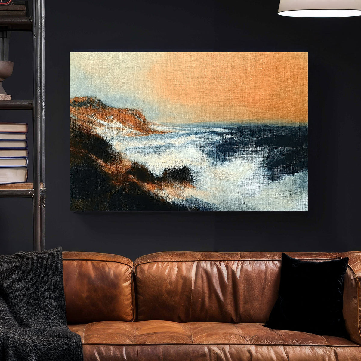wall art of dramatic ocean waves crashing into rocky cliffs beneath a peach-orange sky