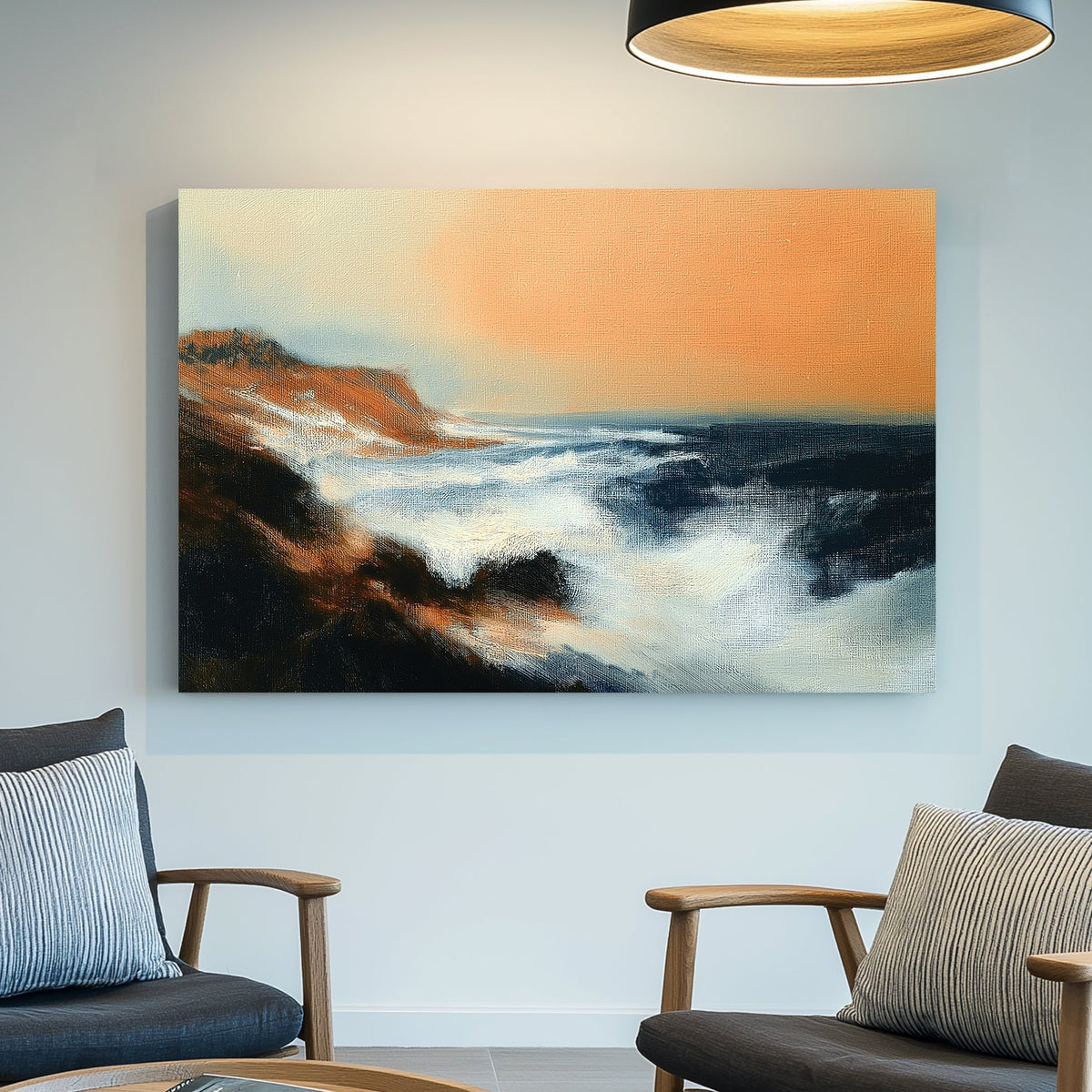 wall art of dramatic ocean waves crashing into rocky cliffs beneath a peach-orange sky