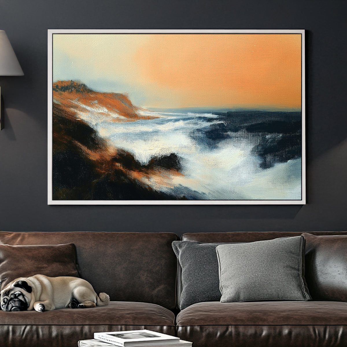 wall art of dramatic ocean waves crashing into rocky cliffs beneath a peach-orange sky