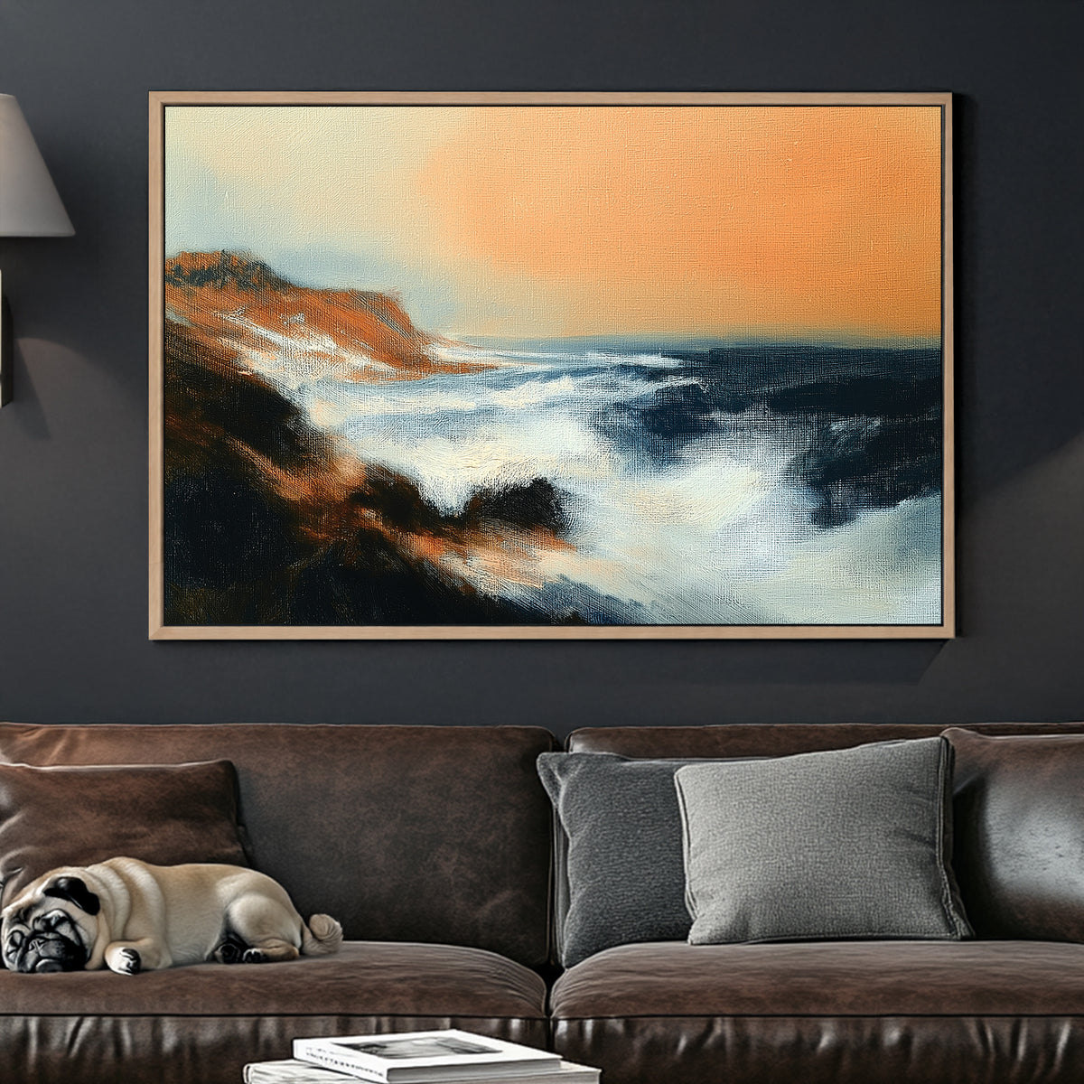 wall art of dramatic ocean waves crashing into rocky cliffs beneath a peach-orange sky