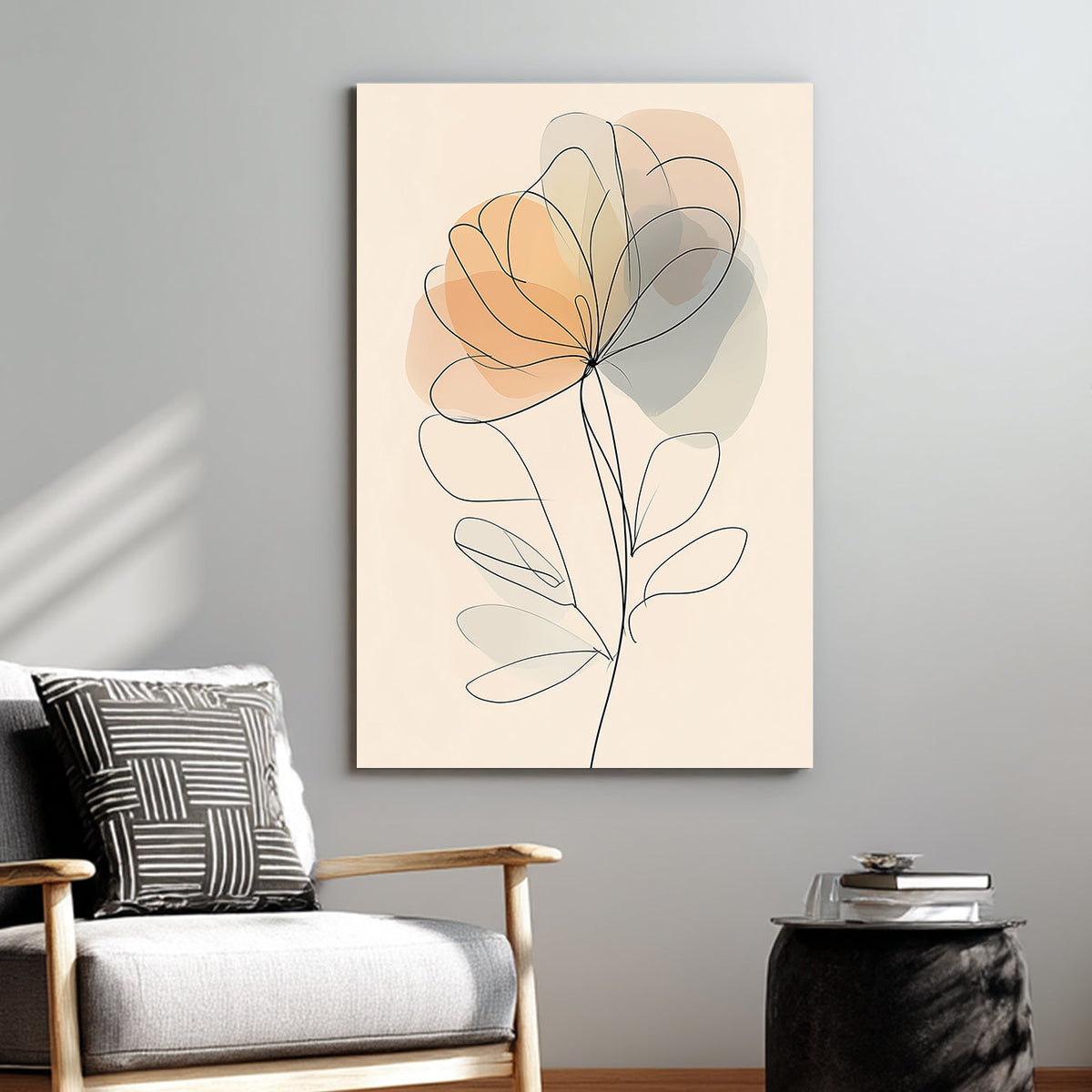 minimalist floral wall art with abstract soft neutral tones and single-line illustration
