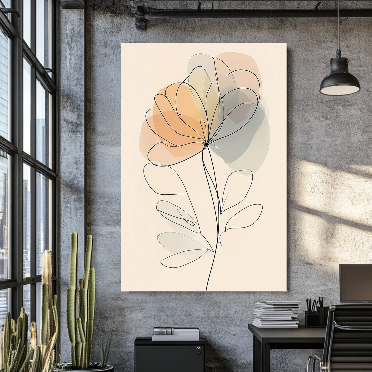 minimalist floral wall art with abstract soft neutral tones and single-line illustration