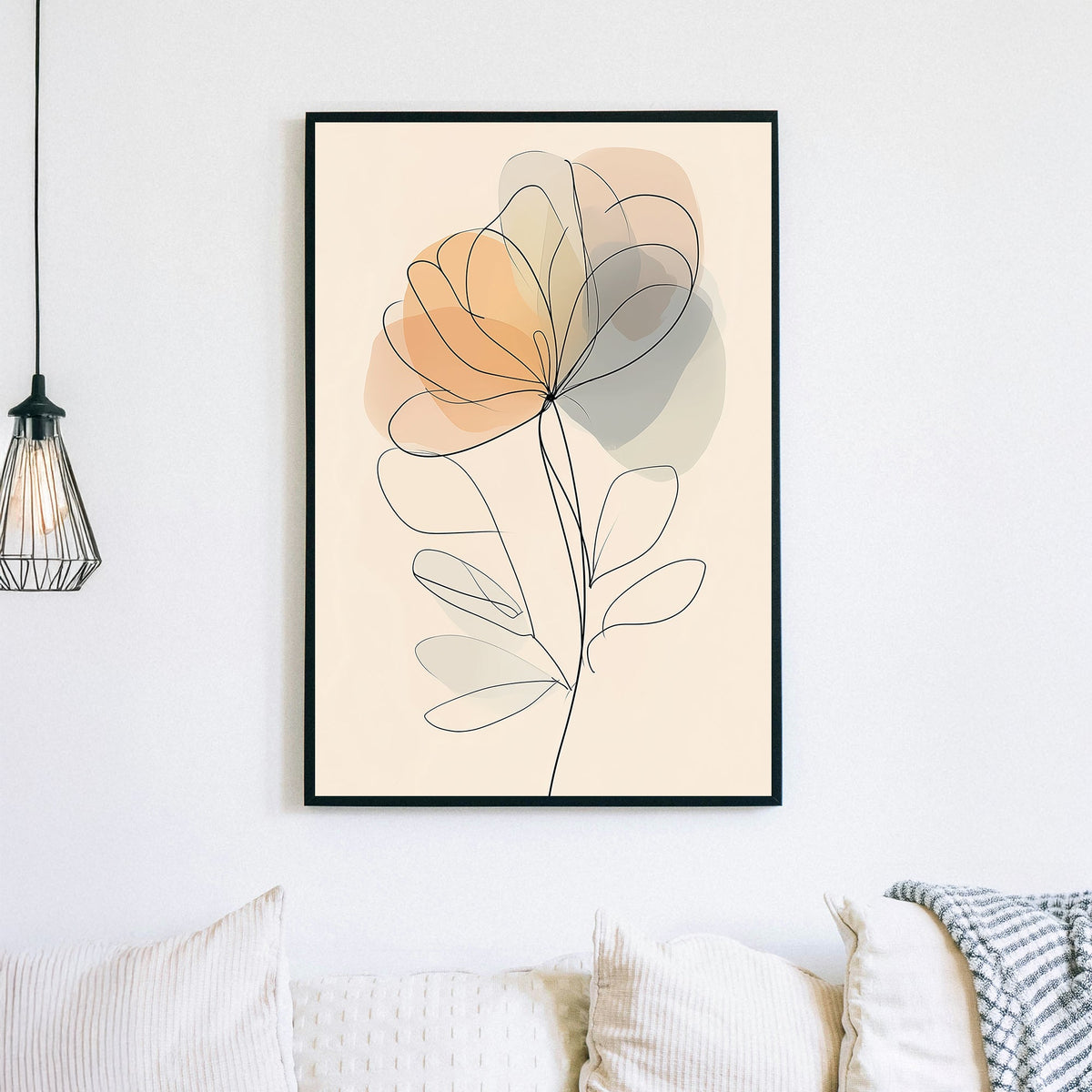minimalist floral wall art with abstract soft neutral tones and single-line illustration